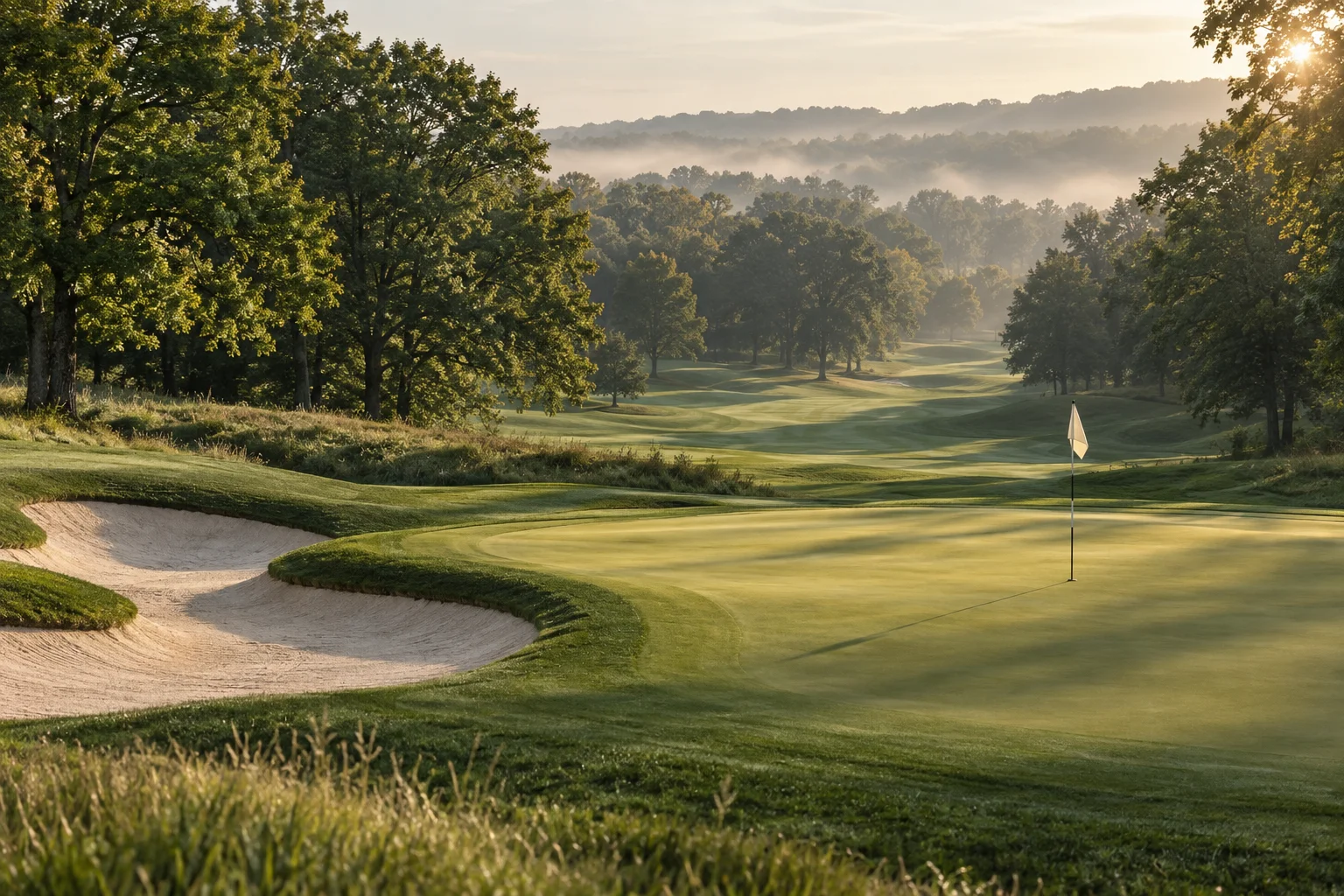 Morning light across a tree-lined golf green